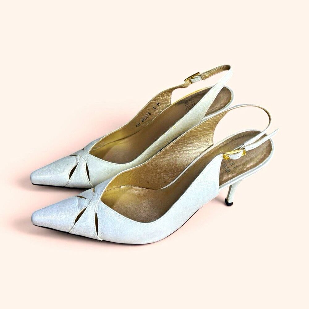 Y2K Vintage Stuart Weitzman 6M Cream Leather Slingback Pumps Pointed Toe Heels